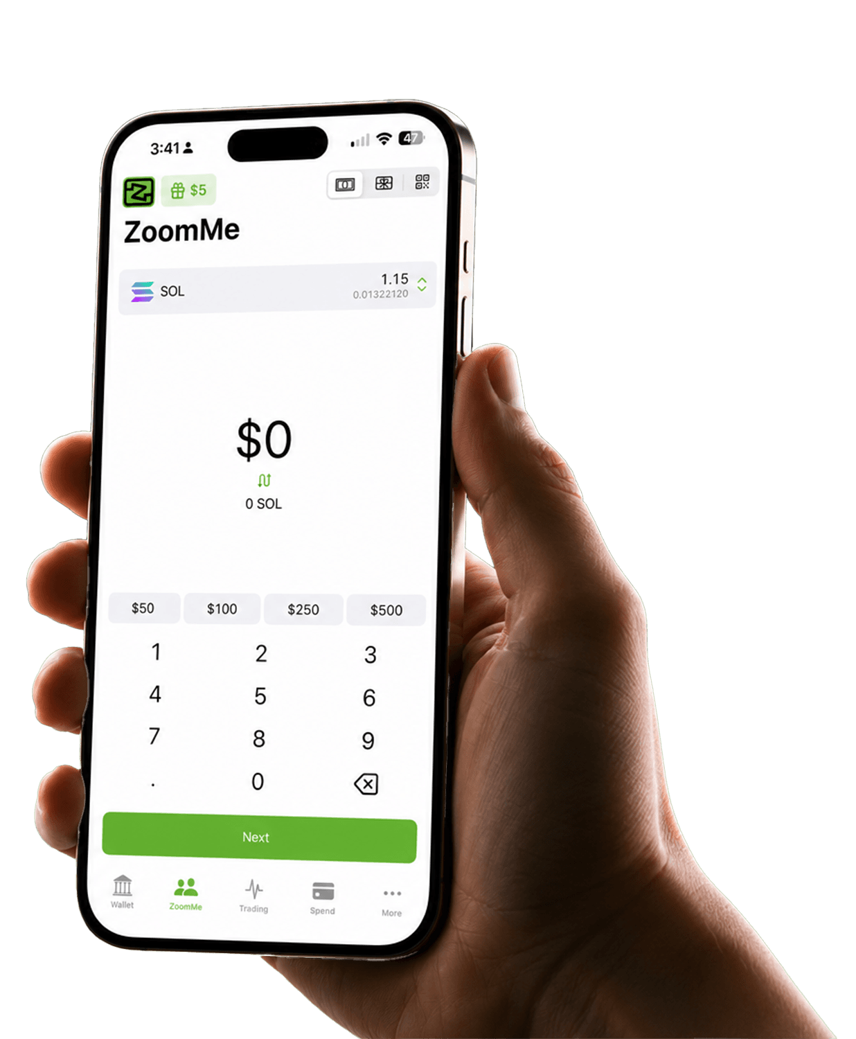 Mano sosteniendo la aplicación CoinZoom mostrando la pantalla de envío de ZoomMe